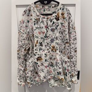 Anthropologie Floral Peplum Gauze Blouse XL White & Multicolor